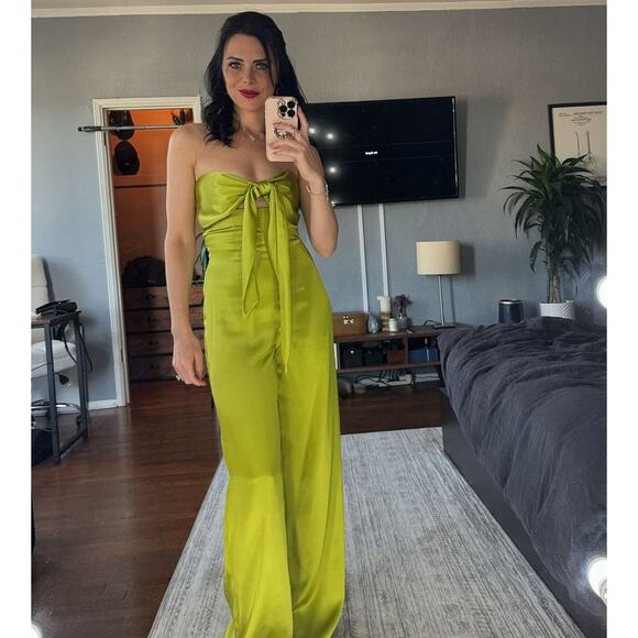 💚 ZARA Strapless Wide-Leg Jumpsuit NWT | Bow Detail Cutout Green M - Picture 11 of 16